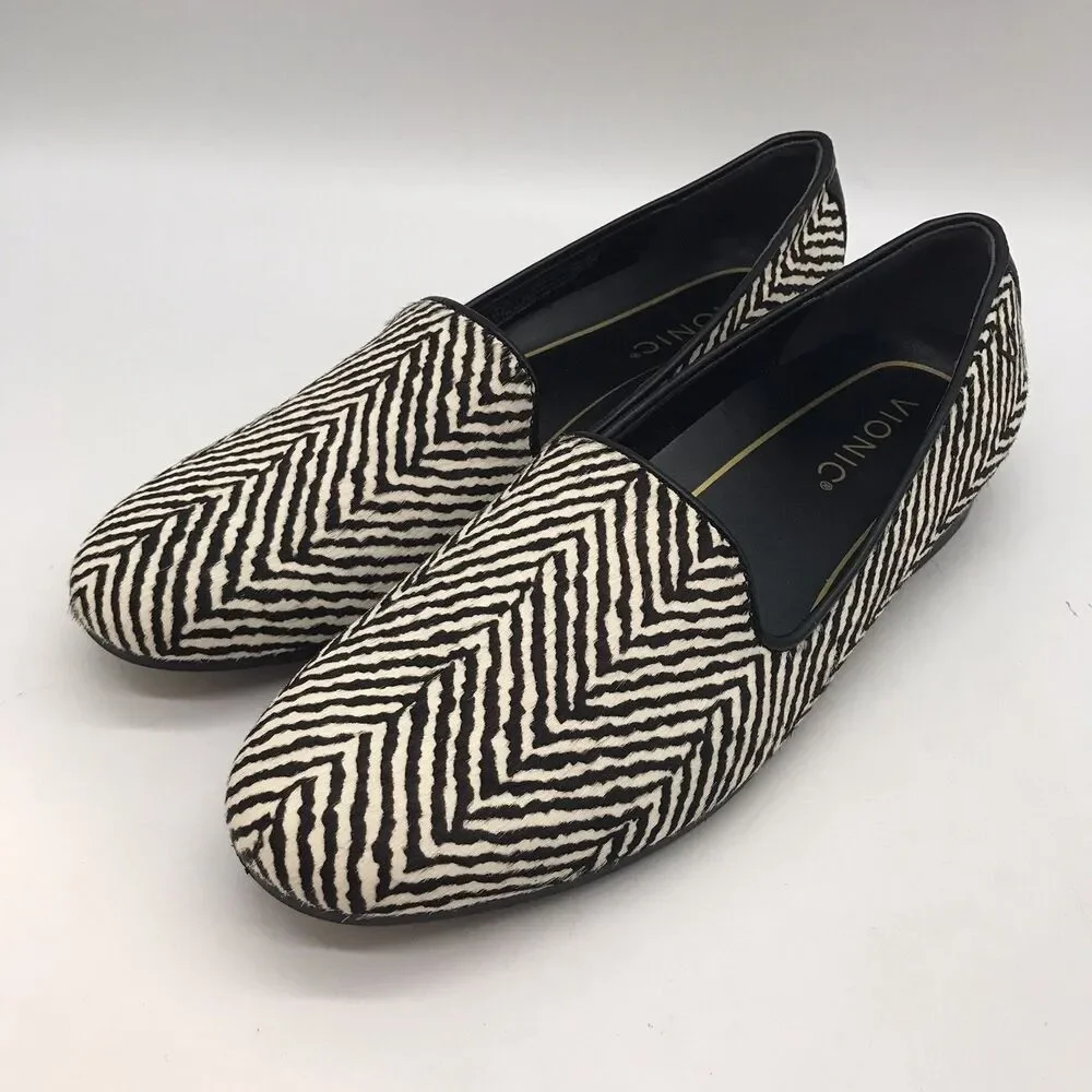 Vionic Willa Calf Hair Leather Zebra Flats Women's 6.5 Slip On Black &White Shoe